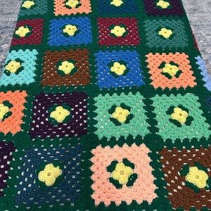 Handmade Crochet Granny Square Blanket in Green, Peach & Blue